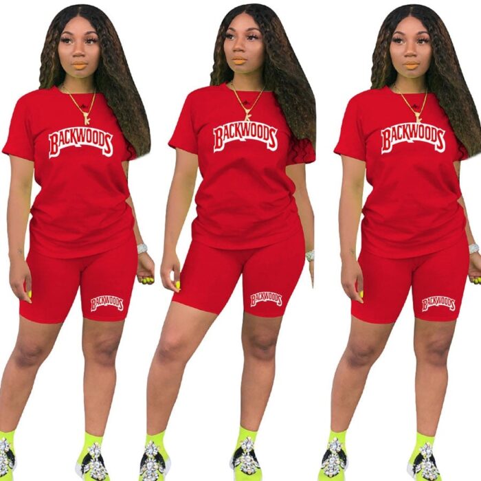 Backwoods Letter T Shirts And Shorts Women Two Piec Set Summer Short Sleeve O-neck Casual 2 Piece Joggers Biker Shorts Outfit For Woman