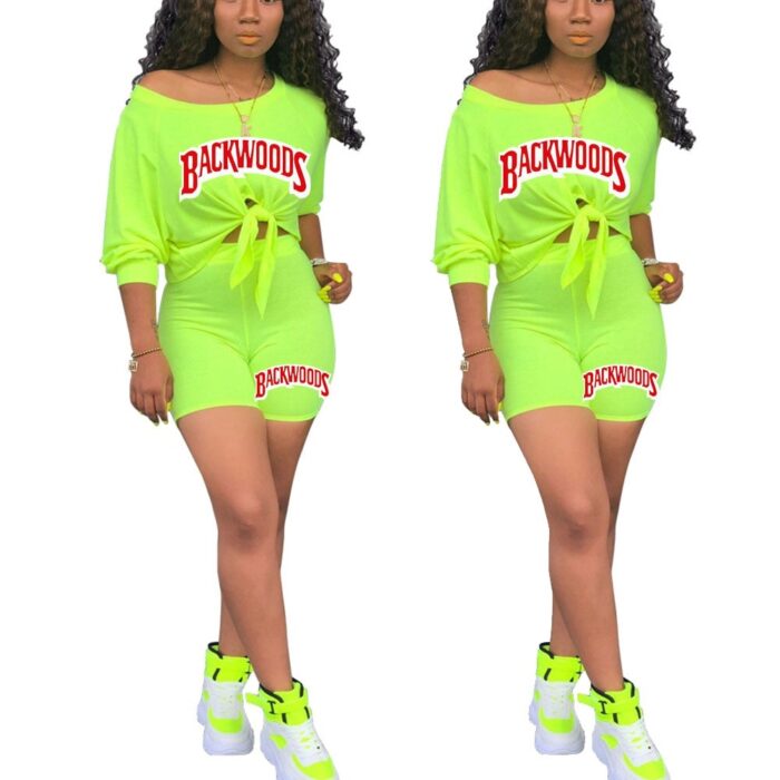 Backwoods Letter T Shirts And Shorts Women Two Piec Set Summer Short Sleeve O-neck Casual 2 Piece Joggers Biker Shorts Outfit For Woman