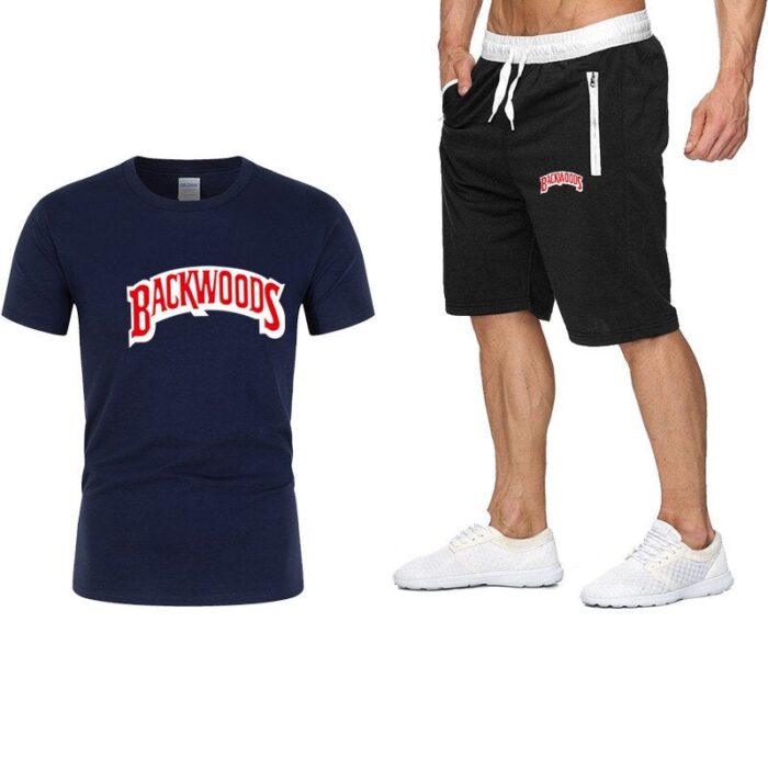 Backwoods Man Sportswear set Fitness summer print men shorts + T-shirt men's suit  Pocket zipper set 2 pieces sets