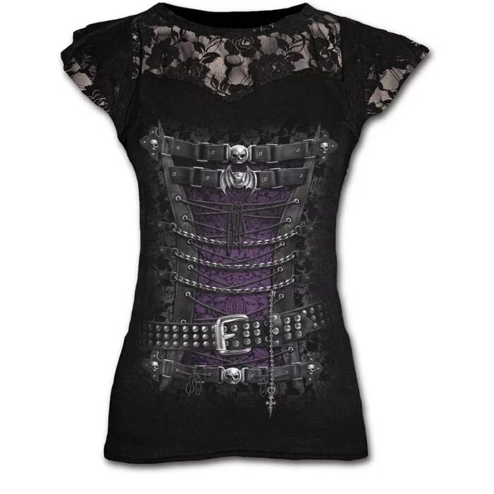 Plus Size Goth Graphic Lace T Shirts for Women Punk Tees Ladies Y2k Short Sleeve Tops