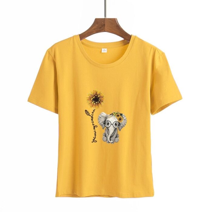 Elephant Sunflower Print Tshirt Women Casual Short Sleeve O Neck Tee Tops Cartoon Cute T-shirts