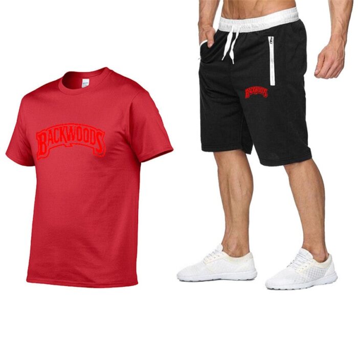 Men's Backwoods T-shirt + Zipper Shorts Sports Suit （Red Letters）