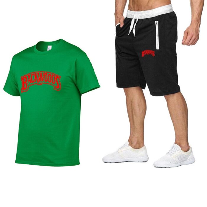 Men's Backwoods T-shirt + Zipper Shorts Sports Suit （Red Letters）